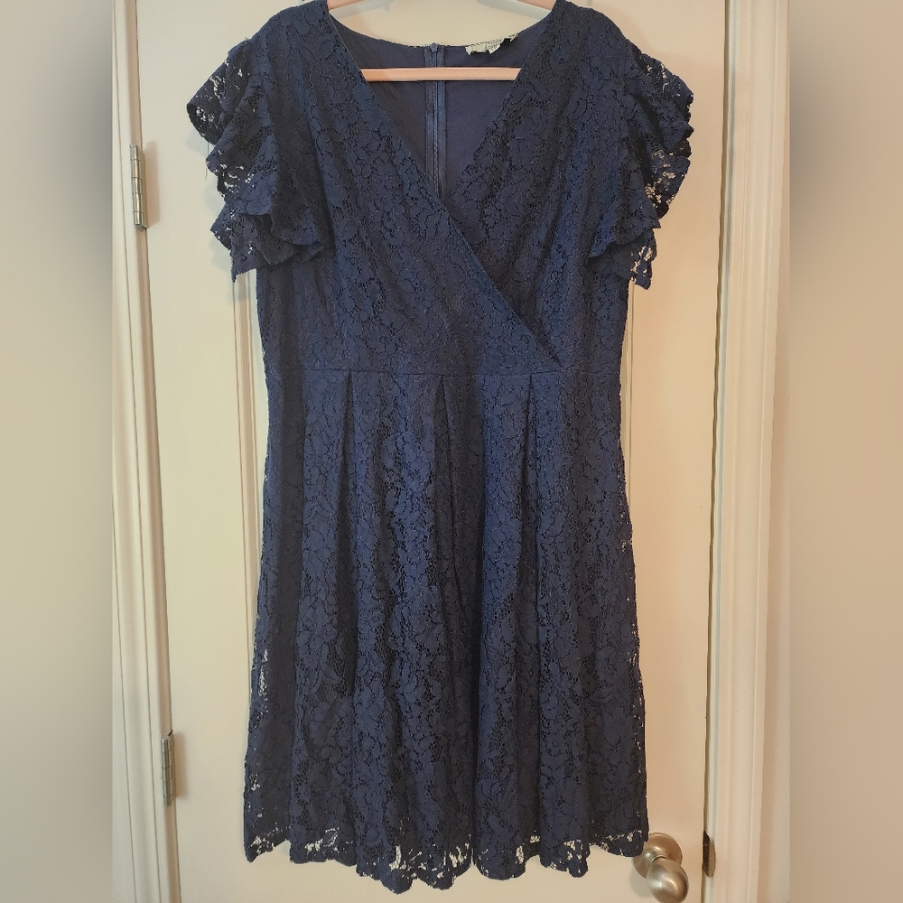 MissMay Elegant Navy Lace Dress Flirty Wrap-front Empire Waist Size 2X Coquette